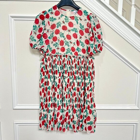 NWT GANNI Floral Print Pleated Georgette Mini Dress Size 36 Jenney - Picture 2 of 12